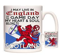 Scottish Rugby Mug, I May Live in England but on Game Day My Heart and Soul Belong to Scotland. 11oz Ceramic Gift Mug for Fans of Scottish Rugby