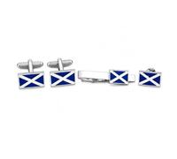 Scottish Saltire Cufflinks, Tie Bar & Lapel Pin Set for Men - Onyx Art CLT015 Premium Scotland Flag Formal Accessory Gift Set for Weddings, Business Wear & Special Occasions