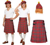 Scottish Scotsman Costume Set with Tartan Kilt Tam o' Shanter Hat with Hair Highland Scotland Burns Night St Scottish Fancy Dress Andrews Day (Yellow Hat, L)
