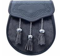 Scottish Semi Dress Kilt Sporran - 3 Tassels with Fur, Handcrafted Black Leather with Chain Belt - Perfect for Formal Events, Festivals & Highland Dress (Celtic Sporran - Black Bovine)