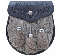 Scottish Semi Dress Kilt Sporran - 3 Tassels with Fur, Handcrafted Black Leather with Chain Belt - Perfect for Formal Events, Festivals & Highland Dress (Celtic Sporran - Gre Fur)