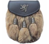Scottish Semi-Dress Kilt Sporran for Men - Highland Daywear with Lion Rampant Emblem, Tassels, Handcrafted Black Leather and Chain Belt for Scottish Attire (Brown Fur - Antique)