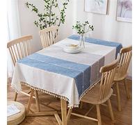 Scottish Stripe Cotton Tablecloth Washable Linen Blend Modern Design 12Seat Protection Blue & White 140x180cm Perfect for Kitchen & Dining Room Decor