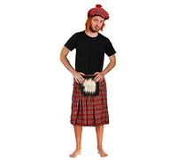 SCOTTISH SUPPORTERS SET - RED TARTAN KILT + MATCHING TARTAN TAM O'SHANTER HAT WITH ATTACHED HAIR - ADULTS SCOTLAND FOOTBALL FANS FANCY DRESS COSTUME SET (STANDARD)