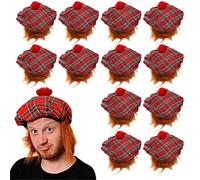 Scottish Tam O Shanter Hat - Pack of 12 - Red Tartan Hat with Attached Orange Hair - Scotland Burns Night Fancy Dress Costume Accessory