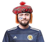 Scottish Tam O'Shanter Hat Rugby Football - Red Tartan Hat plus Scottish Flag Tattoos - World Cup Fancy Dress Accessory Scotland Scottish Sport Supporter Hat