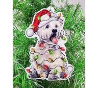 Scottish Terrier Dog Ornament with White Terrier in Santa Hat and Christmas Lights