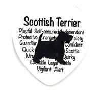 SCOTTISH TERRIER MUG AND FRIDGE MAGNET - White and Black mug and Fridge Magnet with silhouette of dog and characteristics in background.