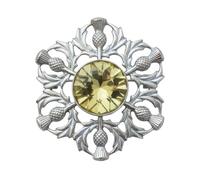 Scottish Thistle Brooch, Silver-Tone, Yellow Crystal Centre, Celtic Design, Traditional Highland Pin, 3 x 3 Inch (Amber Yellow (Citrine))