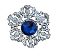 Scottish Thistle Brooch, Silver-Tone, Yellow Crystal Centre, Celtic Design, Traditional Highland Pin, 3 x 3 Inch (Sapphire Blue)