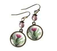 Scottish Thistle Glass Cabochon Earrings with Victorian Style Filigree, Reversed Decoupage, Nickel-Free