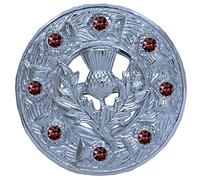Scottish Thistle Kilt Brooch 3 Inch - Silver Finish with 8 Sky Blue Stones - Traditional Celtic Design Kilt Pin for Man, Highland Attire Women’s Shawls, Scarves & Fly Plaids (Brown)