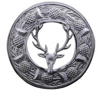 Scottish Thistle Kilt Brooch for Men - Antique Brass, Celtic Round Pin & Brooches for Kilt & Fly Plaid, Tartan Sash, Ladies Shawl, Highland Costume Accessory (Stag Head - Brass Antique)