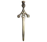 Scottish Thistle Kilt Pin Solid Steel with Brass Antique Finish 4" Highland Pins & Brooches Celtic Knot, Pin & Brooches, Swirl Celtic Knot Sword Needle Chrome 10cm (Thistle Hilt Kilt Pin)