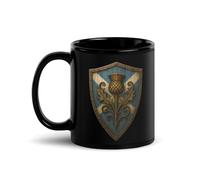 Scottish Thistle Shield Coffee Mug - 11oz Black Ceramic Tea Cup - St. Andrew’s Cross Saltire Graphic - Heritage Scotland Pride Gift - Traditional Scottish Crest Supporter Souvenir