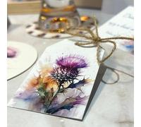 Scottish Thistle Wedding Favour Tags â€“ Crafted from Deluxe 350gsm Card, 55x85mm Medium White Gift Tags with Brown String for Wine Bottles, Scottish Burns Night Table Decorations (Pack of 50)