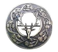Scottish Traditional Fly Plaid Brooches - Antique Brass Finish, Various Designs - 3" Diameter (Antique - Stag Head)