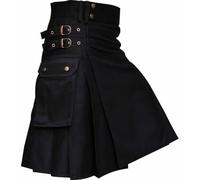 Scottish Utility Kilt, Traditional Black Cotton, Double Buckle Design 24" Drop (40 inches / 101 cm)