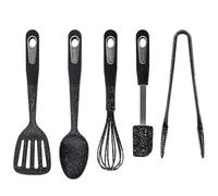 Scoville 5 Piece Kitchen Utensils Set, Cooking Utensils for Non Stick Kitchenware, Includes Slotted Turner, Solid Spoon, Whisk, Silicone Spatula & Kitchen Tongs, Dishwasher Safe, Anti Scratch, Black