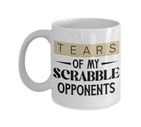 Scrabble Mug Tears of My Opponents Funny Christmas Birthday Idea for Board Game Player 11 Or 15 Oz. White Novelty Ceramic Coffee Tea Cup for Men Women