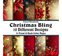 Scrapbook Paper - 34 Front and Back Full Color Sheets: Christmas Bling - Gold and Red Glitter Frames Ornaments Pine Poinsettia Presents - 8.5"x8.5"