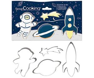 ScrapCooking 2084 Set of 4 Stainless Steel Biscuit Cutters - Astronaut, Shooting Star, Rocket, Planet - Small Cake Moulds - Baking Accessories Birthday Decoration