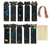 Scratch Art Bookmarks - 30pcs Magic Rainbow for Kids, DIY Gift Tags With Colourful Ribbons and Wooden Stylus for Classroom Gifts
