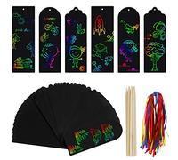 Scratch Art Bookmarks Set, 48pcs Blank Scratch Paper Bookmark with Wooden Stylus Stick and Colorful Rope Ideal for Kids Students Handicraft Activities DIY Gift Notes