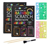 Scratch Art Books for Kids, 2 Pack Rainbow Magic Scratch Paper Black Scratch it Off Art Crafts Notes Boards Sheet with 2 Wooden Stylus, Clean Brush and 4 Drawing Stencils