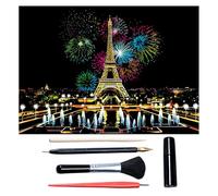 Scratch Art for Adults & Teens 16 x 11.2 Inches, Paint by Scratch Kit Adult Rainbow, Colorful Sketch DIY Night View Scratchboard (Fireworks Paris)