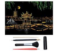 Scratch Art for Adults & Teens 16 x 11.2 Inches, Paint by Scratch Kit Adult Rainbow, Colorful Sketch DIY Night View Scratchboard (West Lake, Hangzhou)