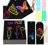 Scratch Art for Kids, 166 Pcs Rainbow Scratch Craft Sets with 130 Black Doodle Papers(19x13 cm), 10 Bookmarks, 4 Stencils, 12 Ribbons and 10 Wooden Pens, Classroom Birthday Bag Filler Gift Over Age 4