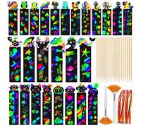 Scratch Art for Kids, 38 Pcs Magic Rainbow Animal Bookmarks Set with 18 Bamboo Stylus and 38 Ribbons, DIY Craft Party Bag Fillers for Classroom Birthday Gifts