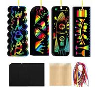 Scratch Art for Kids, 48 Pcs Magic Rainbow Bookmarks for Children, Scratch Art Party Bag Fillers, Animal Craft DIY Scratch Paper Art Tags with Wooden Stylus and Ribbons for Classroom Birthday Gifts