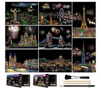 Scratch Art for Kids & Adults, Rainbow Engraving Painting Landscape Scratchboard(A4) Crafts Set: 8 Sheets 4 Tools - Fireworks, Tower Bridge, Big Ben, Cristo Redentor, Ferris Wheel(Landmark Building)