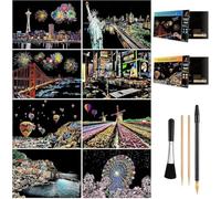 Scratch Art for Teens & Adults, Rainbow Engraving Painting Landscape Scratchboard(A4) Crafts Set: 8 Sheets with 4 tools - New York, Statue of Liberty, Golden Gate Bridge, Manarola (America / Europe)