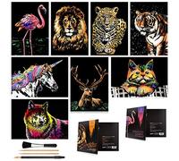 Scratch Art for Teens & Adults, Rainbow Engraving Painting Landscape Scratchboard(A4) Crafts Set: 8 Sheets Scratch Cards with 4 tools - Unicorn/Flamingo/Cat/Deer/Lion/Tiger/Leopard/Wolf(Animal Series)