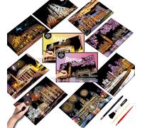 Scratch Art Painting Kit for Adults&Kids-8 Sheets A4 Rainbow Scratch Painting Paper Craft Set with City Landmarks|Stress Relief Gift for Travel&Craft Lovers|Scratch Art Home Decor(Europe Series 2)