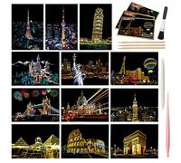Scratch Art Paper, 12 Sheets Scratch Cards & Scratch Drawing Pen, Brush, Rainbow Night View Scratchboard Pads for Adults and Kids, Mini Envelope Postcard Art & Crafts Set, 7.9"x5.5", Building Series