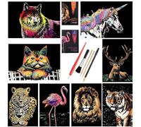 Scratch Art Paper, Paint by Scratch for Adults Kids, A4 Colorful Animal-Themed Etch Foil Art Set, Sketch Painting Landscape Scratch Board with Brush Wooden Pens for Party Game Christmas Birthday Gift