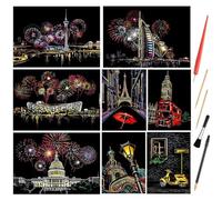 Scratch Art Paper, Paint by Scratch for Adults Kids, A4 Colorful Street View Etch Foil Art Set, Sketch Painting Landscape Scratch Board with Brush Wooden Stick for Party Game Christmas Birthday Gift