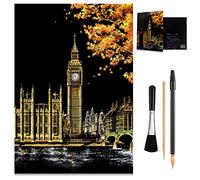 Scratch Art Rainbow Painting Paper (16'' x 11.2'' ) DIY Night View Sketch Pad for Teens & Adults, Painting Creative Gift, Engraving Art & Craft Set: Scratchboard, Drawing Pen, Brush (Big Ben, London)