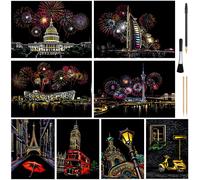 Scratch Art Set for Kids & Adults - 8 A4 Sheets with Iconic Landmarks & 4 Tools for Creative Fun