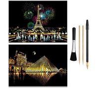 Scratch & Engraving Arts Paper(16"x11.2")for Teens & Adults, Rainbow Sketch Painting Landscape Scratchboard, Cool Painting Gift, Craft Kits : 2 Pack with 4 Tools - Drawing Pens, Brush(Paris / Louvre)