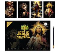 Scratch Off Art - Jesus Scratch Painting | Crafts Scratchboard | Creative Paper Art Set with Gold Pen for Kids, Teens and Adults, 4 Sheets for Fun, Birthdays, Faith