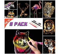 Scratch Painting Art Kit - Family-Friendly Crafts for Adults & Kids, DIY Craft Kit with 4 Tools & 8 Sheets, Animal Series Creative Gifts (Lion and Bird)-DESINIK