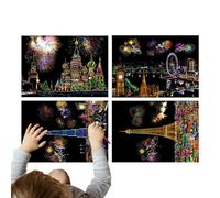 Scratch Painting For Adults, 4 Pieces Sculpture Night View Craft Scratch Board - Art Off Art For Adults - Sculpture Art Set For Adults And Children, A4 Scratch Paint Trainbow Pa