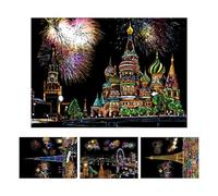 Scratch Painting Kit,4 Sheets Rainbow Engraving Painting Landscape Scratchboard | Engraving Art Set for Adults and Kids, A4 Sketch Card with Pen