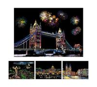 Scratch Paper For Kids - 4 Sheets Rainbow Engraving Painting Landscape Set | A4 Scratchboard Art Kit With Pen, Creative Supplies For Adults And Kids, City Night Scene Scratch Paper