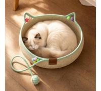 Scratchable Basket for Cats,Handwoven Cat Basket Bed with Cat Ear Handles | 3-in-1 Woven Cat Basket Bed,Natural Cotton Rope Cat Bed w/ Hanging Ball Toy,for Indoor Kittens Sleeping,Playing,Relaxing